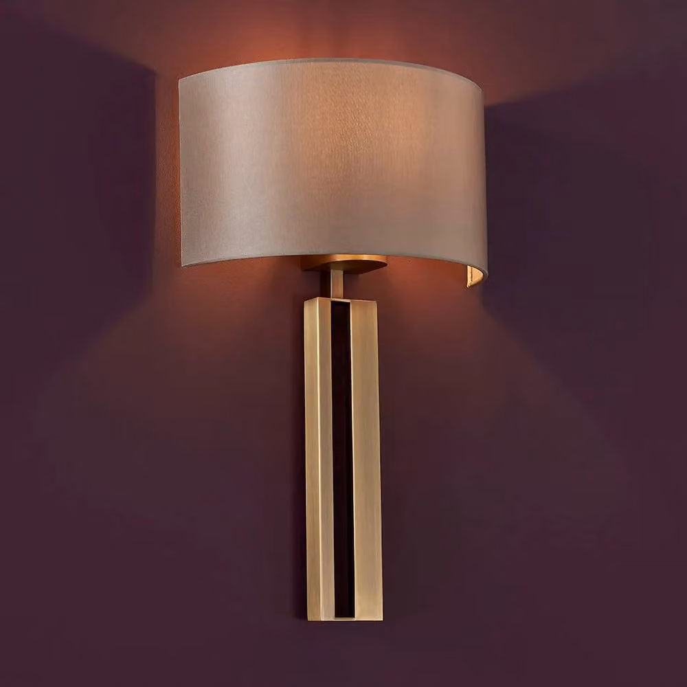 Loops Antique Brass Slotted Wall Light Fitting with Mink Satin Half Shade, Dimmable LED