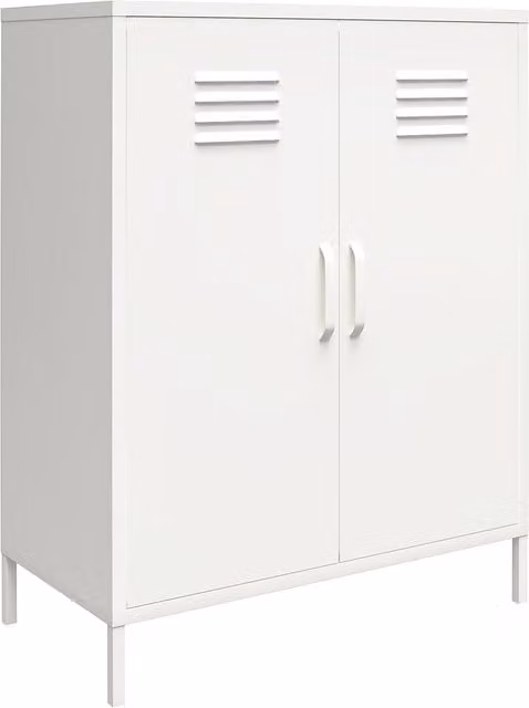 Mission District Modern White Freestanding Storage Cabinet with Hinged Doors and Internal Shelves