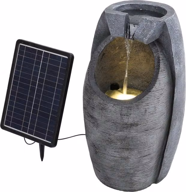 Livingandhome Solar Powered Tabletop Water Jar Fountain with LED Light in Grey Stone Finish