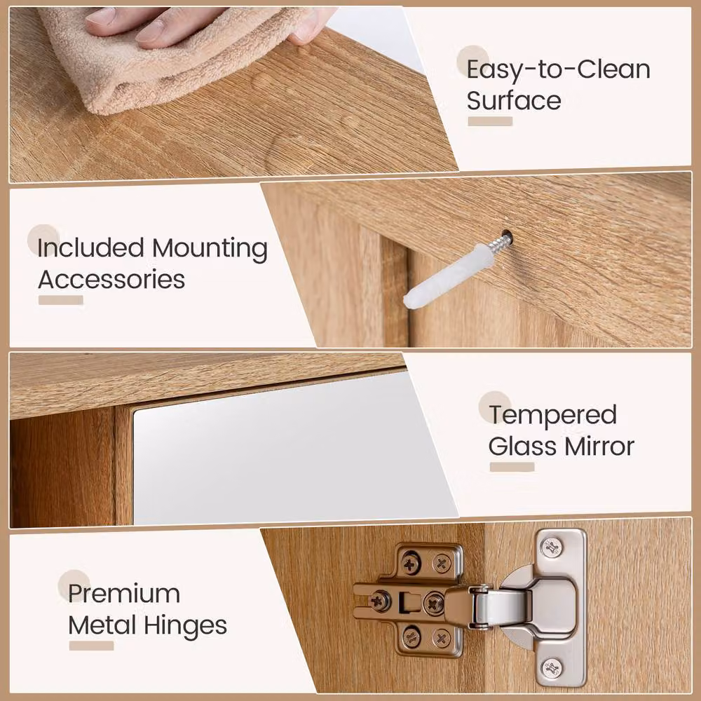 Gymax Modern Wall Mounted Medicine Cabinet with Mirror and Glass Doors in Beige – 5
