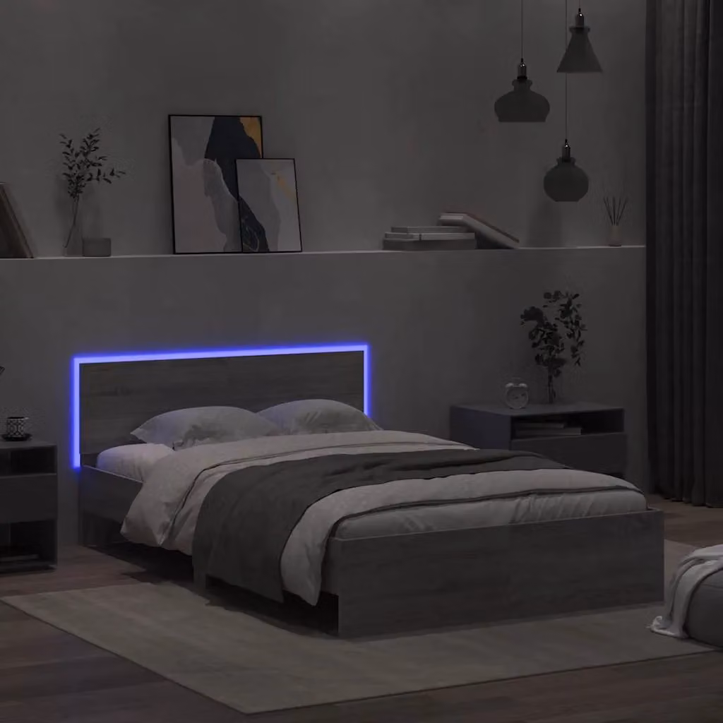 Berkfield Home Modern Bed Frame with Headboard, LED Under-Bed Lighting and USB Charging Port, Grey Sonoma, W: 140 cm, D: 200 cm – 2