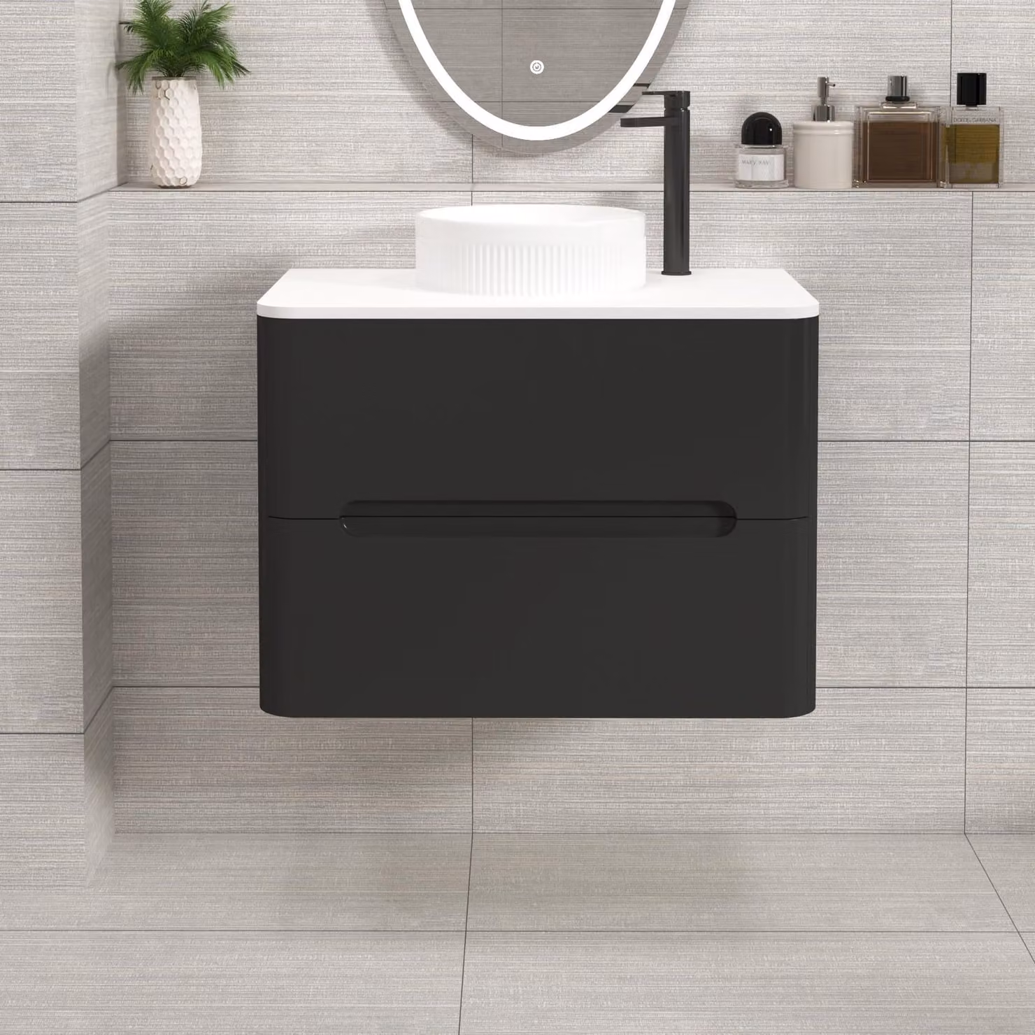 Royal Bathrooms Venice 700mm Matt Nocturne Black Wall Hung 2 Drawer Vanity Unit with Plain White Worktop and Round Basin