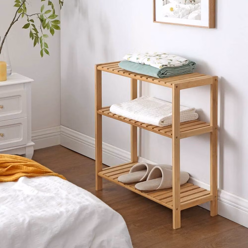 KORVIXA 3-Tier Natural Bamboo Shoe Rack and Storage Shelf, Brown, W/D/H: 100 x 100 x 8 cm – 2