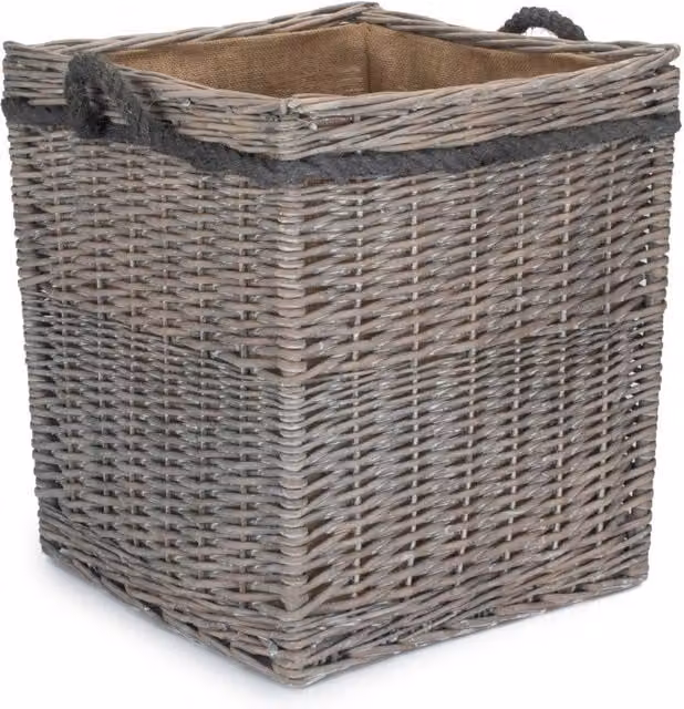 Red Hamper Set of 3 Grey Wash Wicker Log Baskets with Hessian Lining and Handles – 1