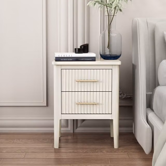 Cabinet Bits Modern White Matt Striped Bedside Table with Metal Accents