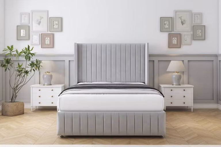 Sloomy Marlborough Plush Divan Set in Silver with Wingback Headboard and Footboard, Single, W/D/H: 90 x 190 x 25.4 cm
