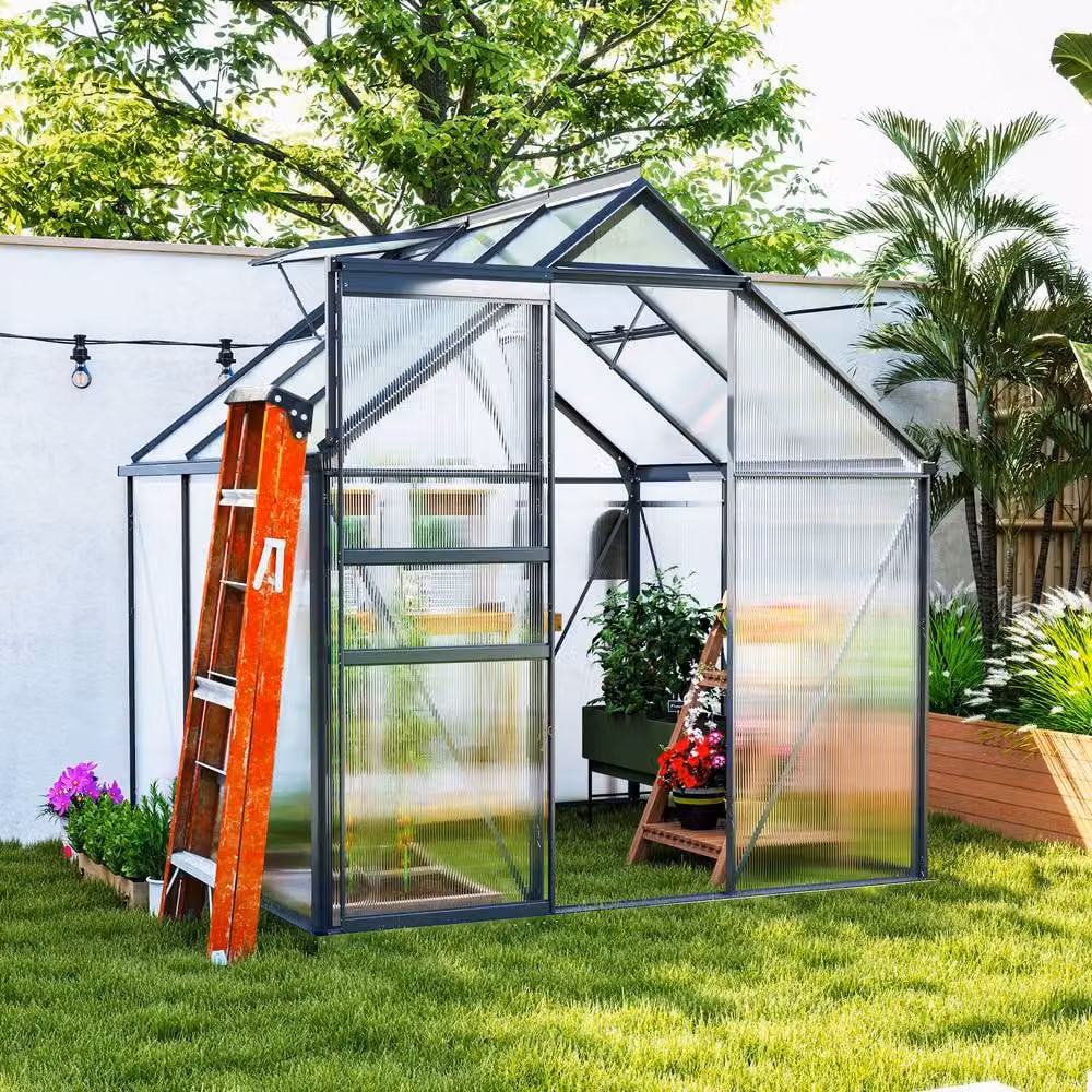 STILVORA Walk-In Greenhouse with Sliding Door and Polycarbonate Windows in Grey, W/D/H: 190 x 190 x 190 cm – 2