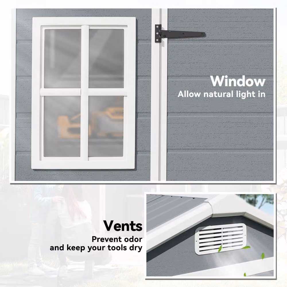 Outsunny Resin Garden Shed with Floor and Lockable Double Doors in Light Grey – 5