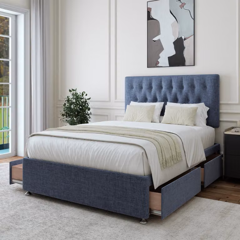 Bedmaster Super King Linen 4 Drawer Divan Base and Button Headboard in Black