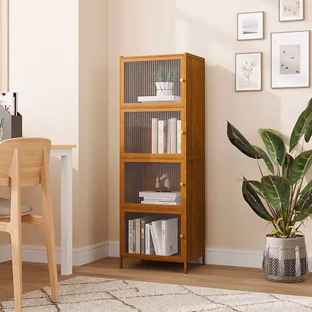 Livingandhome Modern Brown Corner Storage Cabinet with Glass Hinged Doors and Internal Shelves, Height: 126 cm