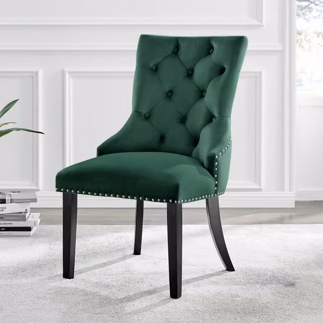 FurnitureboxUK Set of 2 Belgravia Velvet Knockerback Dining Chairs in Green with Black Legs