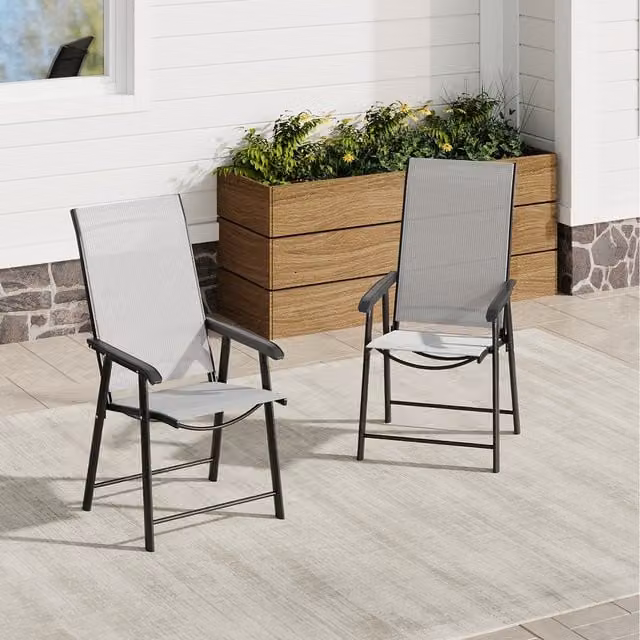 Komore Set of 2 Modern Grey Textilene and Metal Foldable Armchairs for Balcony or Terrace