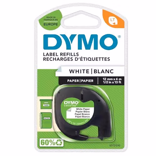 DYMO LetraTag Multipurpose Paper Labels, Black Print on White, 12 mm x 4 m Roll – 1