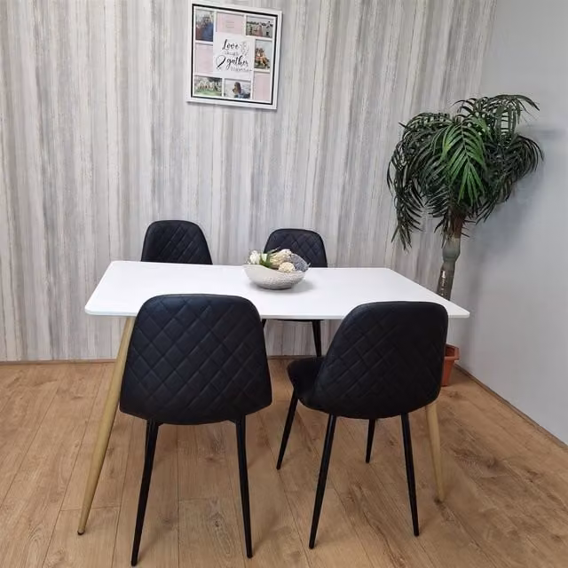KOSY KOALA Modern White Rectangular Dining Table and 4 Black Geometric Pattern Chairs Set