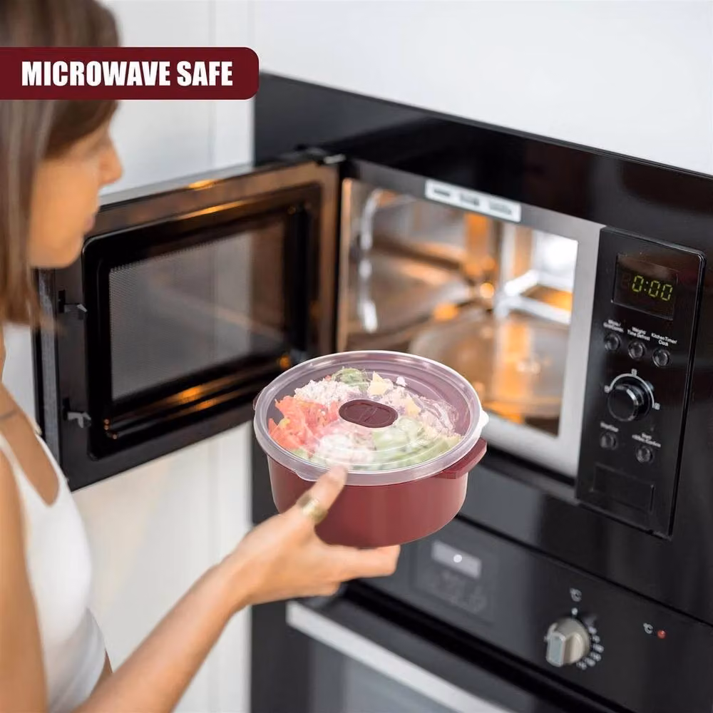 NESTLUNE Set of 3 Red Plastic Bowls with Lids and Steam Release Vents, Microwave Safe, W/D/H: 100 x 15 x 15 cm – 3