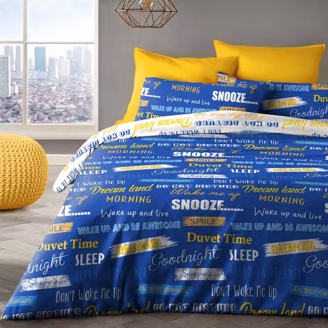 Velosso Wake Me Up Blue Printed Cotton Rich Duvet Cover and Pillowcase Set, W/D/H: 180 x 200 cm and 50 x 75 cm