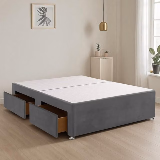 Bed Time UK Plush Fabric Divan Bed Base with 2 Storage Drawers, Grey, W/D/H: 200 x 200 cm