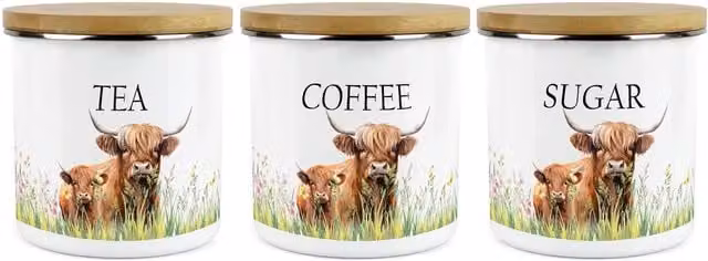Purely Home Highland Cow Mum and Calf Tea, Coffee and Sugar Large Kitchen Canister Set of 3, White
