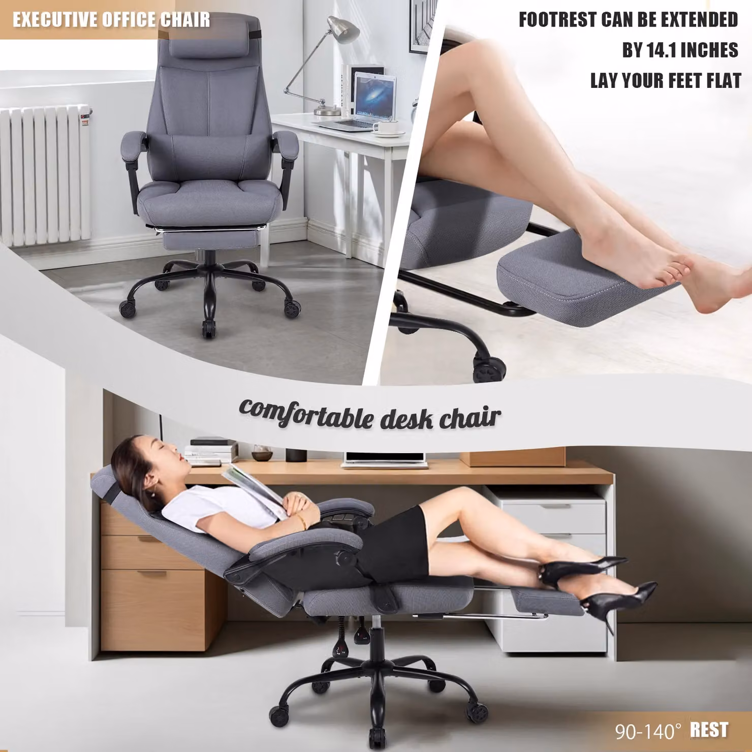 FURNITURE ONE Linen Effect Ergonomic Gaming PC Chair in Light Grey with High Back, Recliner and Swivel Function – 5