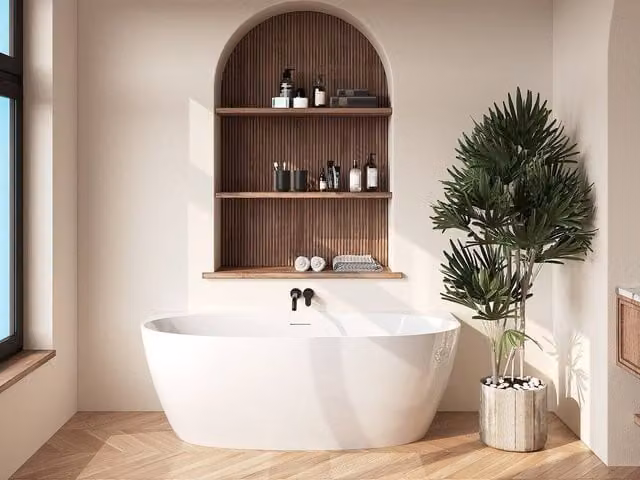Vente-unique White Oval Semi-Freestanding Acrylic Bath, W/D/H: 170 x 80 x 58 cm