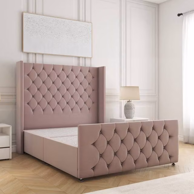 BSSPOKE Florida King Size Divan Bed with 54 inch Plush Velvet Headboard in Pink, W/D/H: 180 x 200 cm