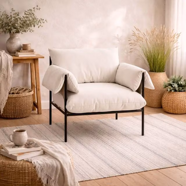 Wyld Haus Wardour Minimalist Armchair with White Houseweave Fabric and Matt Black Metal Legs
