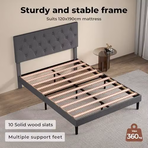 Levede Upholstered Small Double Bed Frame in Grey Fabric with Geometric Headboard, W/D/H: 120 x 190 cm – 6