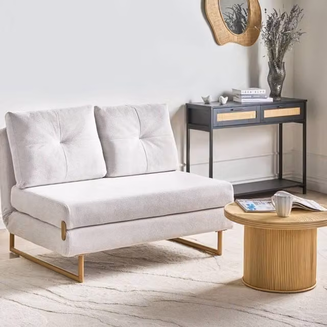 Wyld and Coco 2 Seater Sofa Bed in Off-White Fabric with Metal Frame, Small Double Size – 1