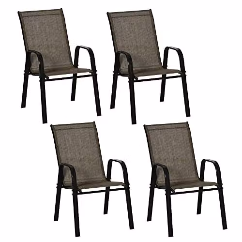 Outsunny Set of 4 Stackable Garden Dining Chairs with High Backrest in Beige and Brown
