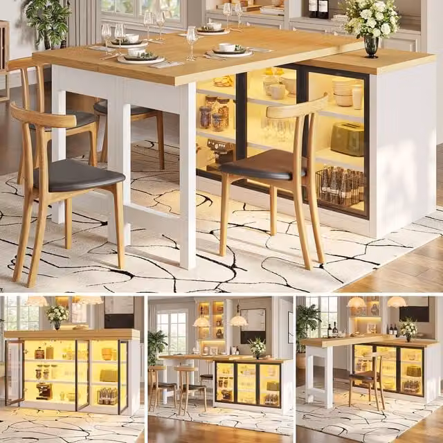 BTM White Extendable Sideboard Dining Table with LED Glass Cabinet, W/D/H: 120 x 40 x 75.5 cm