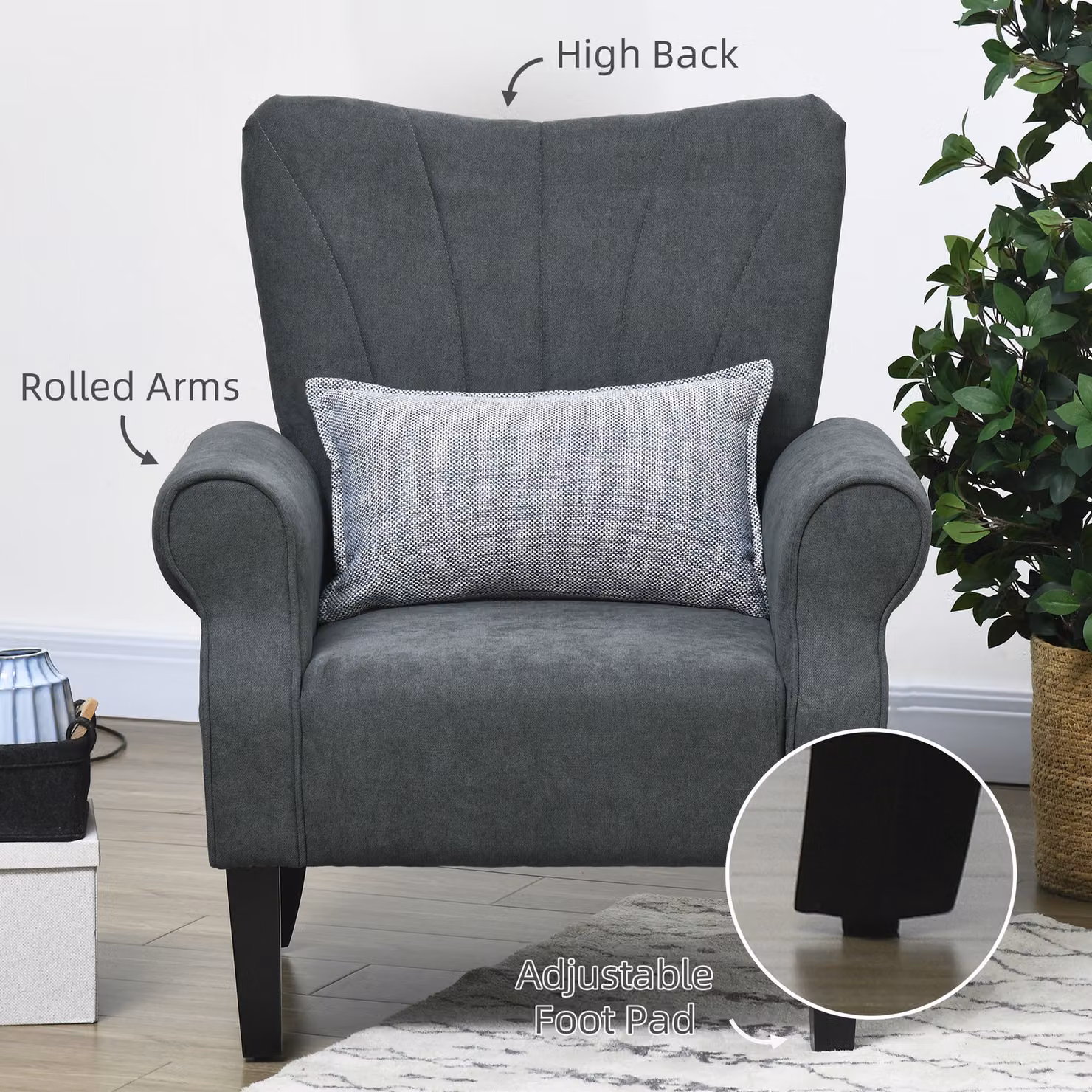 HOMCOM Grey Upholstered Accent Chair with High Back, Rolled Arms and Solid Wood Legs – 5