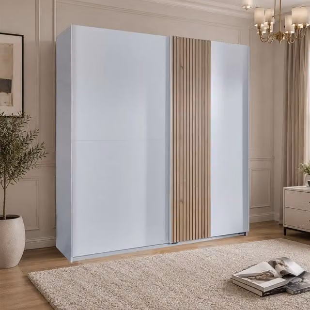 Naadira White and Oak 2 Door Modern Wardrobe with Internal Shelves and Hanging Rod, Width: 180 cm