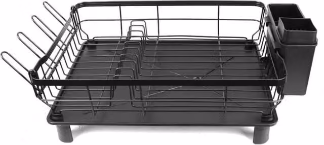 KDMD Black Stainless Steel Dish Drying Rack with Drip Tray, Cutlery Holder and Cup Holder – 1