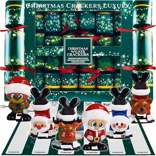 KreativeKraft Christmas Crackers Pack of 6 in Green and Multicolour with Mini Games and Wind Up Toys – 1