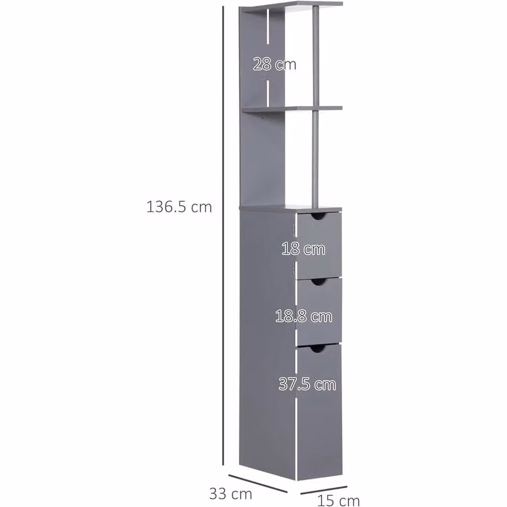 VOGREX Tall Grey Bathroom Cabinet with Internal Shelves and Drawers – 2