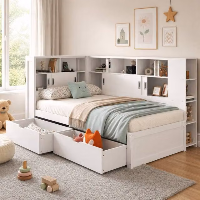 STILVORA Single Bed Frame with Storage Drawers, USB Charging Port and Bedside Shelf, White Finish, W/D/H: 90 x 190 x 91.44 cm