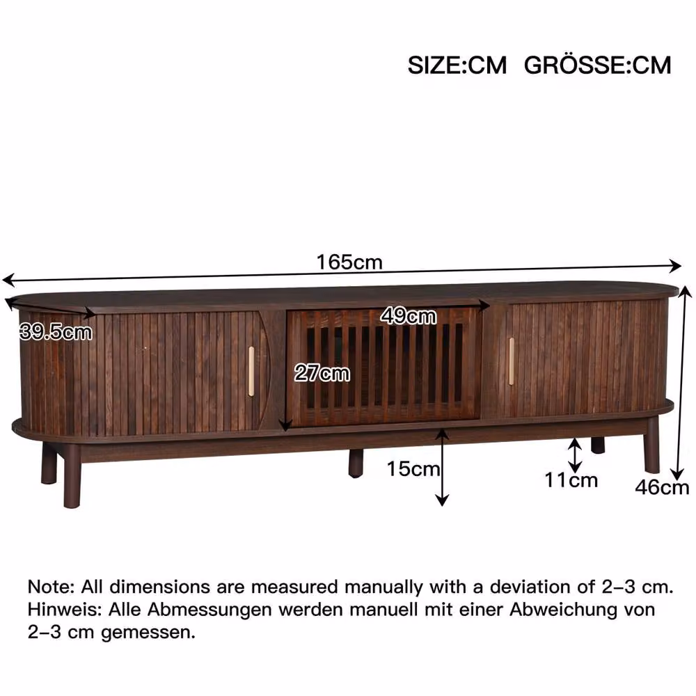 Rolipo Oval Dark Wood Slatted TV Stand for 65 Inch TVs with Storage in Dark Brown – 2