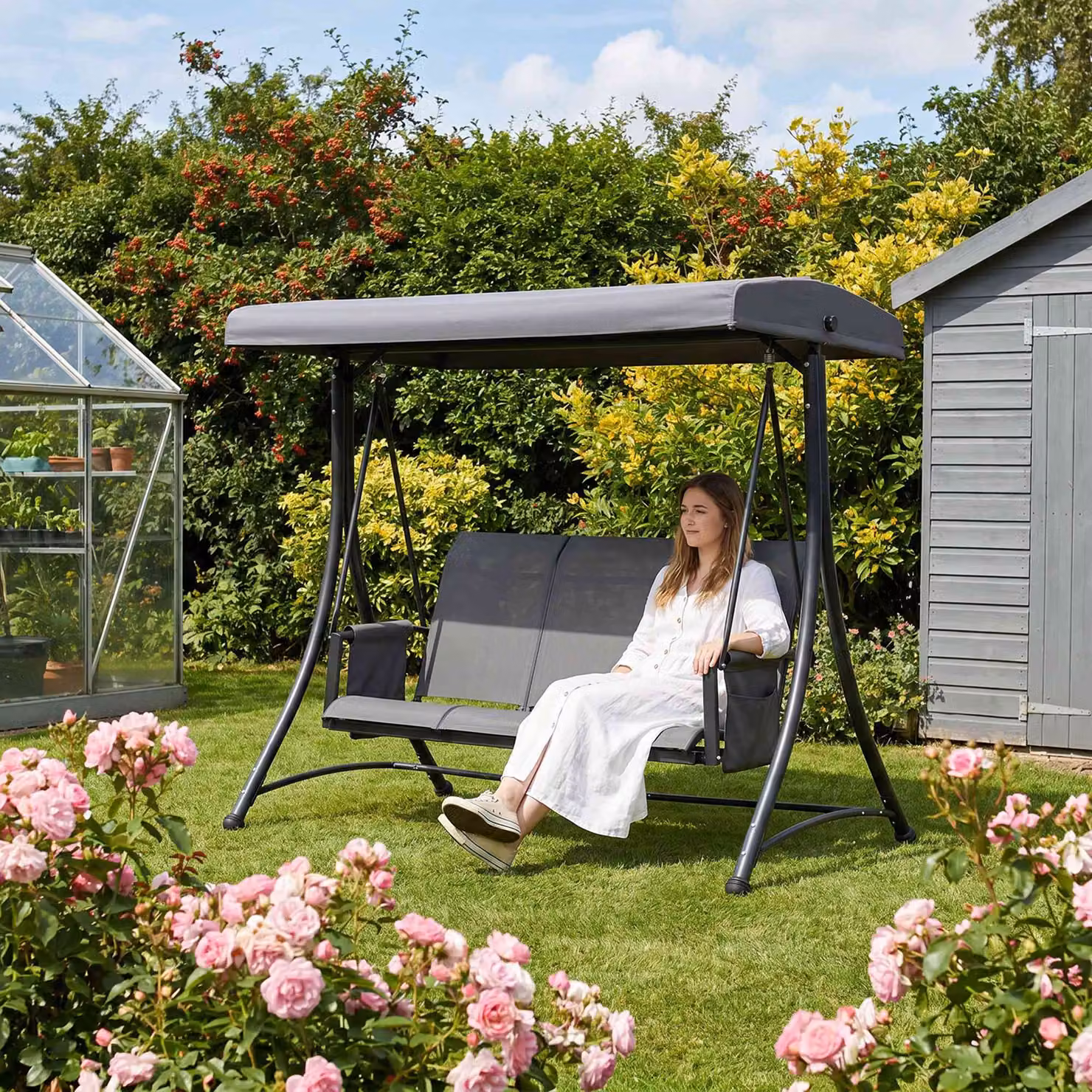 Outsunny 3 Person Outdoor Patio Porch Swing Chair with High Back Design, Side Pouches and Adjustable Canopy, Charcoal Grey – 2