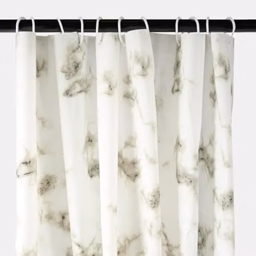 OHS Marble Effect Polyester Shower Curtain in White and Grey, Mould Resistant and Waterproof with Weighted Hem, W/H: 180 x 180 cm