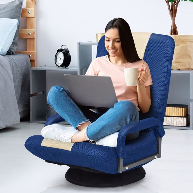 Costway Blue Fabric Swivel Floor Chair with Armrests for Home or Office