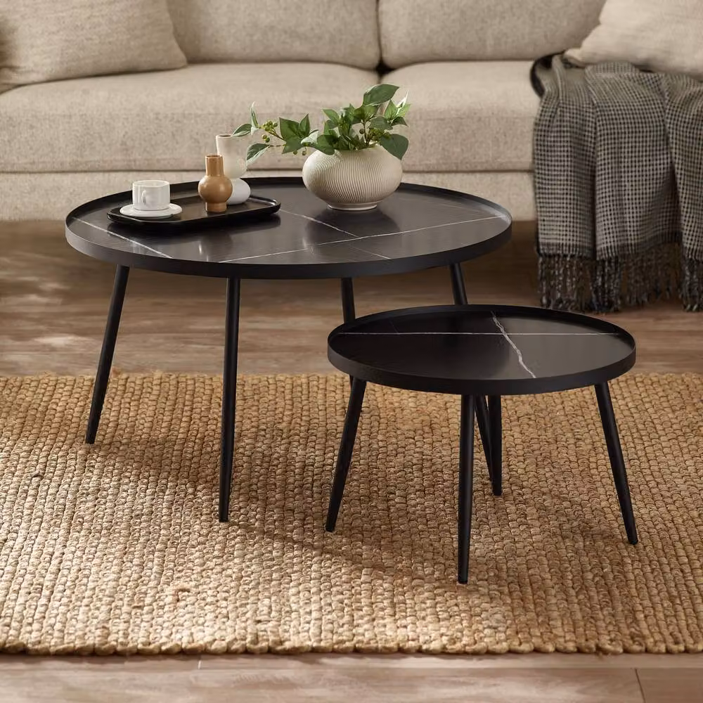 Cheshire Nerano Round Nesting Coffee Tables in Black Marble Effect, Diameter: 78 cm – 3