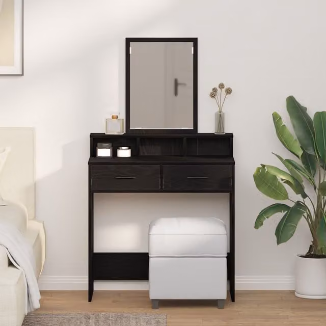 Berkfield Home Modern Black Oak Vanity Table with Glass W/D/H: 79 x 41 x 140 cm