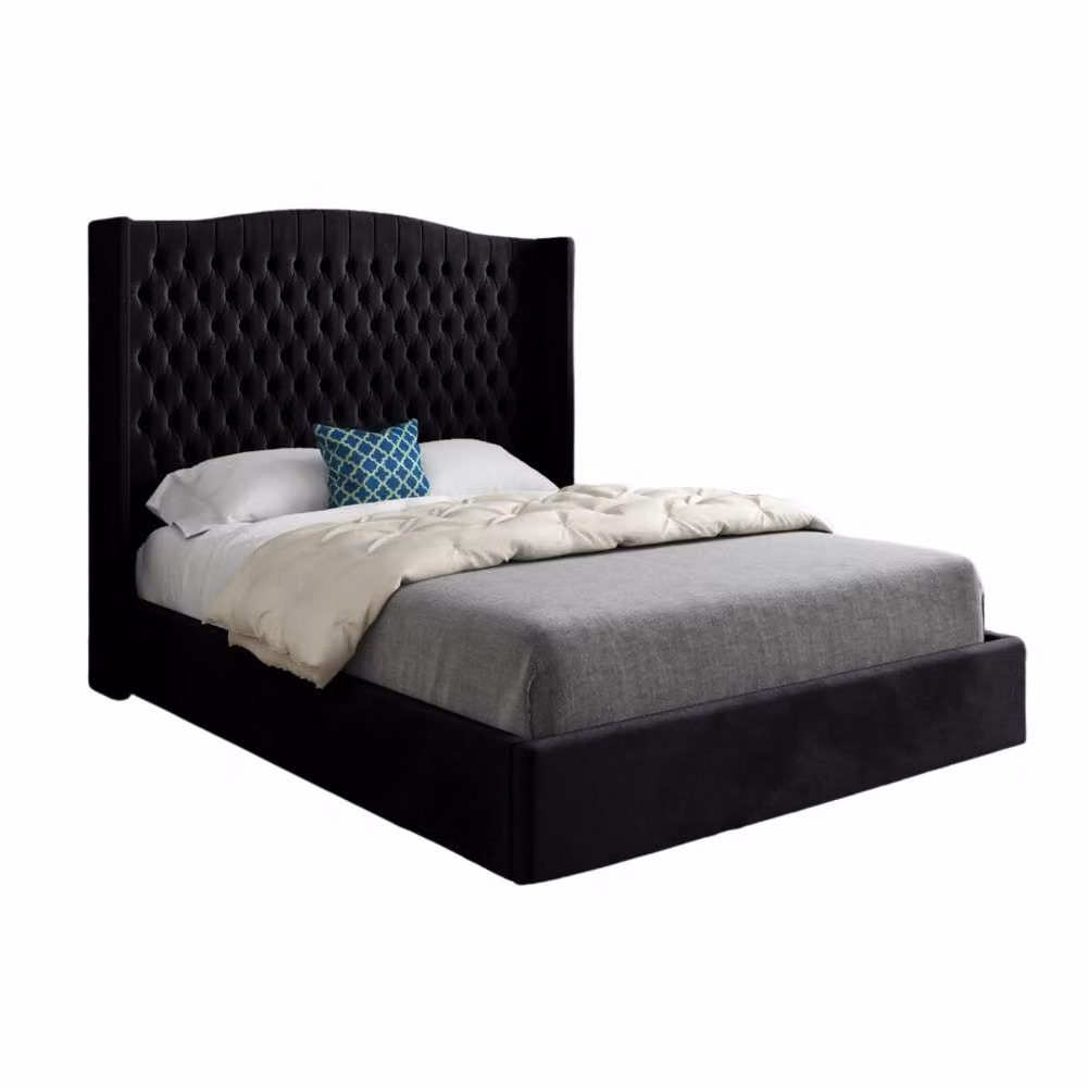 KDMD Stonegrave Winged Upholstered Designer Bed Frame in Black Soft Velvet, Size: Double (140 x 200 cm) – 2