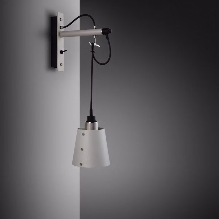 Buster + Punch Hooked Wall Light in Silver Metal with White Fabric Cord