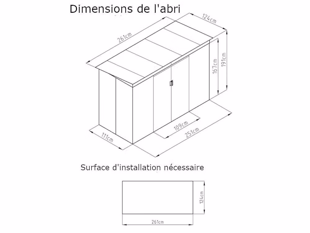 Vente-unique Grey Galvanised Steel Pent Garden Shed with Double Doors and Window, 3.23 m² – 3