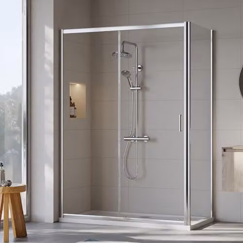 Balterley Sliding Shower Door with Side Panel and Square Shower Tray, 6mm Toughened Safety Glass, Chrome and White