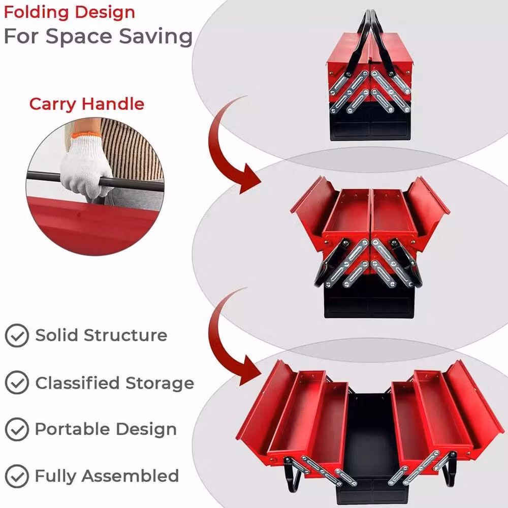 Hinsinc Heavy Duty 3 Tier Metal Cantilever Tool Box in Red, W: 52 cm, D: 52 cm – 3