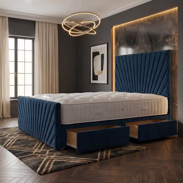 Somnior Beds Ltd Sunrise Blue Velvet Upholstered Divan Bed with Hybrid Mattress and Drawers