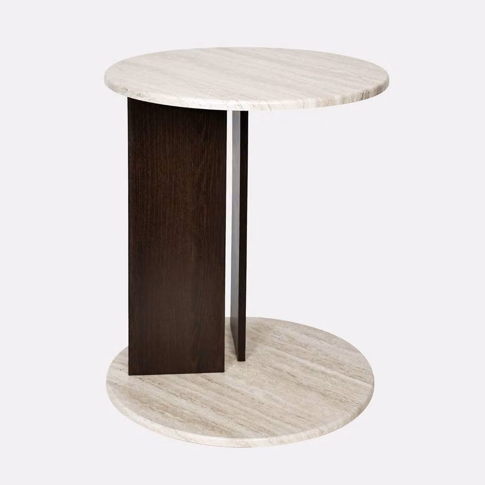 OHS Travertine Effect C-Shaped Round Side Table in Beige and Multicolour – 2