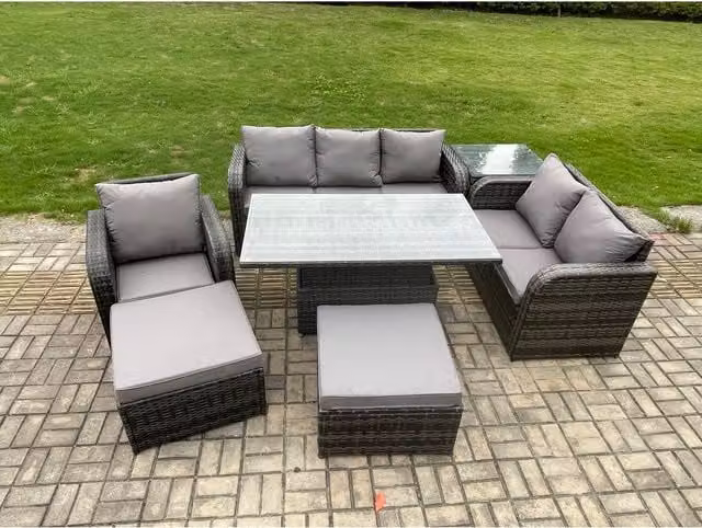 Fimous Grey Rattan Garden Dining Set with Reclining Sofa, Side Table and 2 Footstools